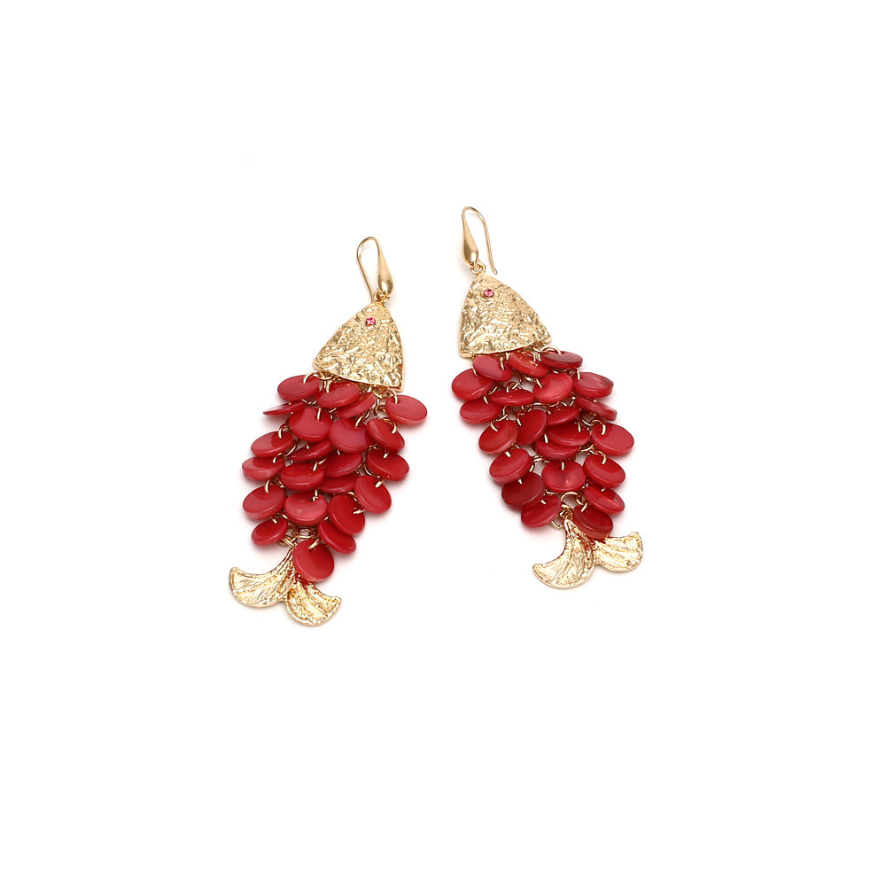Handmade Shell Fish Tassel Earrings – Boho Beach Style Statement Jewelry for Women