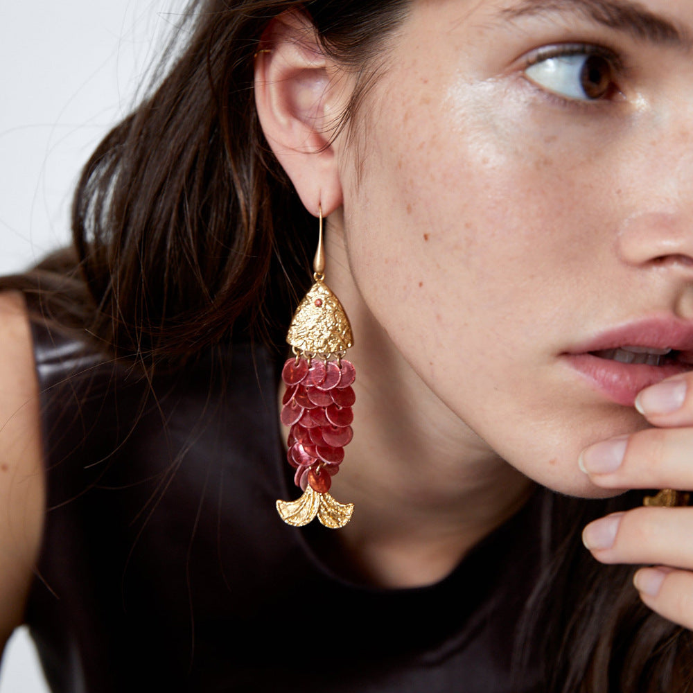 Handmade Shell Fish Tassel Earrings – Boho Beach Style Statement Jewelry for Women
