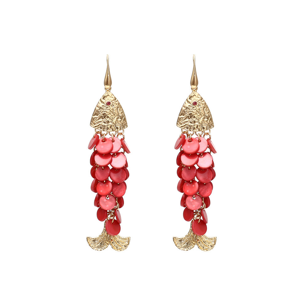 Handmade Shell Fish Tassel Earrings – Boho Beach Style Statement Jewelry for Women