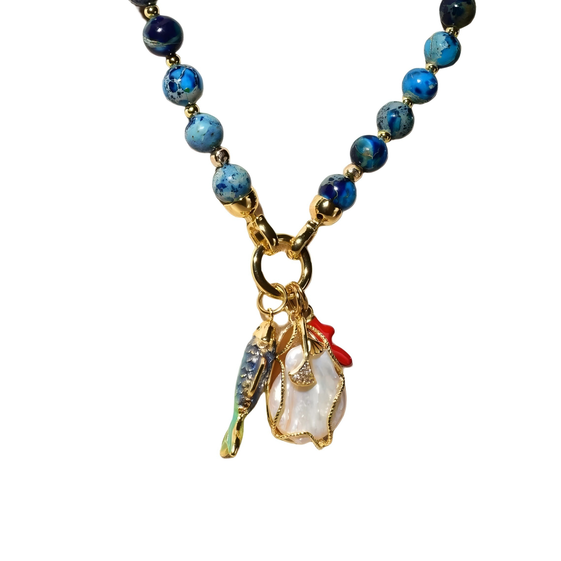 Ocean Jasper Beaded Necklace with 3D Fish Charm & Baroque Pearl Gold Pendant, Handmade Statement Jewelry Gift for Women