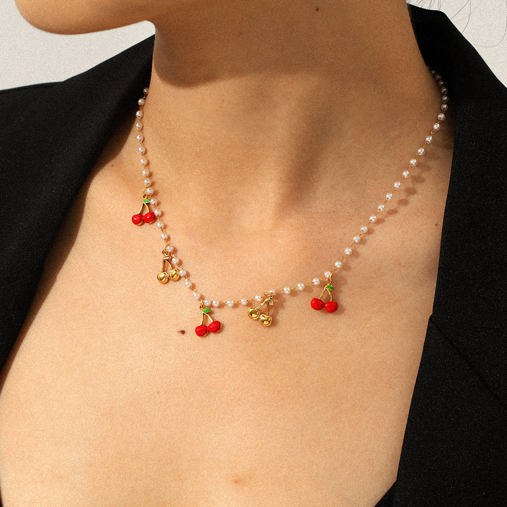 French-Style Cherry Pendant Necklace with Tassel – 18K Gold Plated Stainless Steel Pearl Chain Layering Jewelry for Women