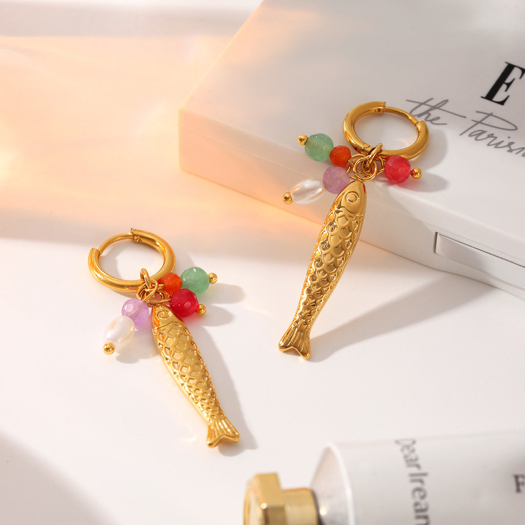 Fish Charm Beaded Earrings – Stainless Steel Pearl Drop Earrings Trendy Ocean Jewelry for Women