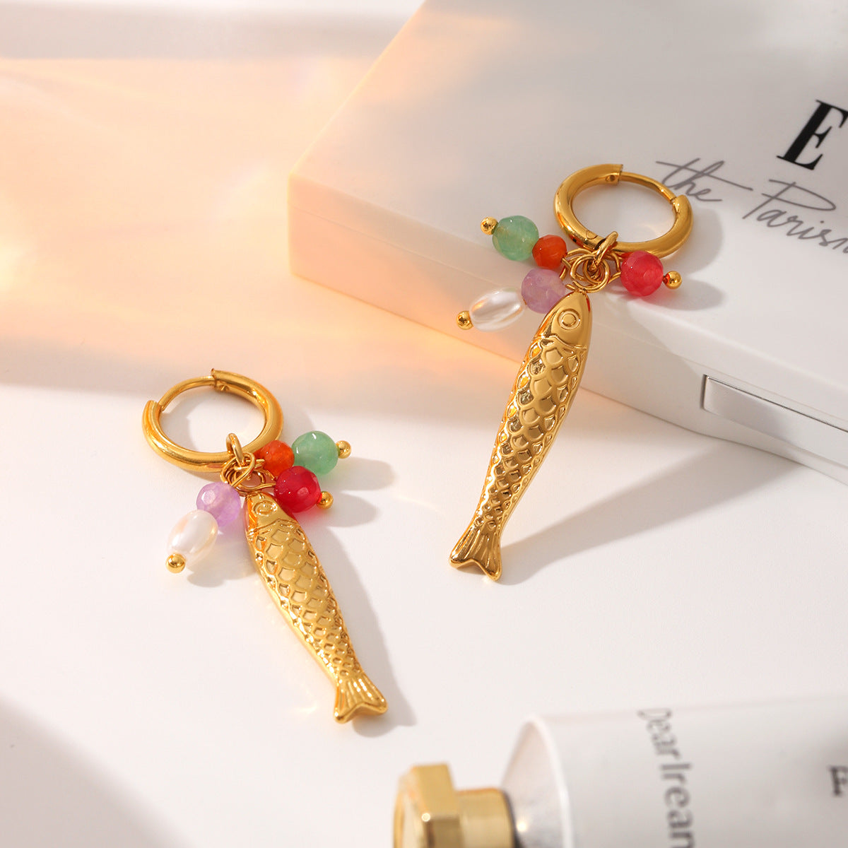Fish Charm Beaded Earrings – Stainless Steel Pearl Drop Earrings Trendy Ocean Jewelry for Women