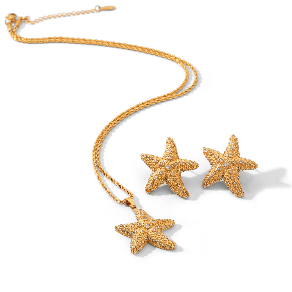 CZ Star Necklace & Stud Earrings Set – 18K Gold Plated Stainless Steel Minimalist Jewelry for Women