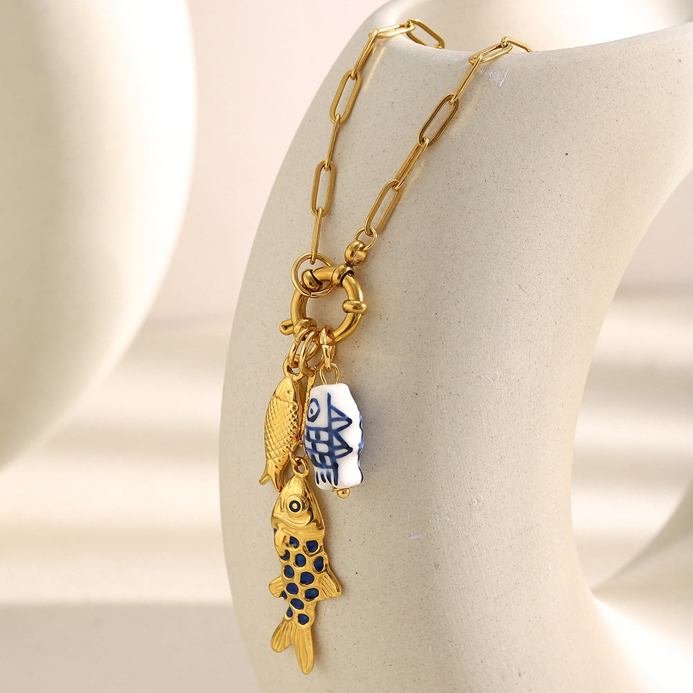 Unique Fish Pendant Paperclip Necklace – 18K Gold Plated Stainless Steel Spring Clasp Statement Jewelry for Women