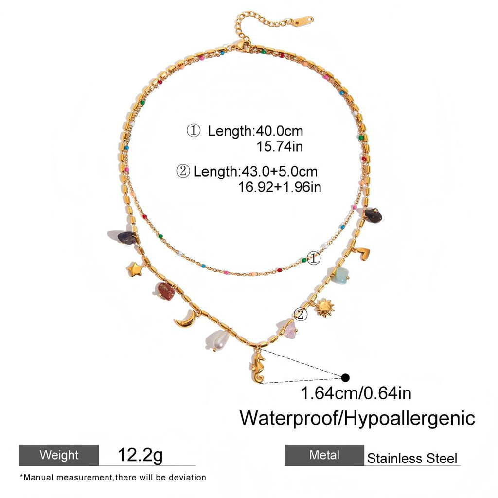 Boho Gemstone Layered Necklace with Hippo Pendant – Stainless Steel Double Layer Jewelry for Women