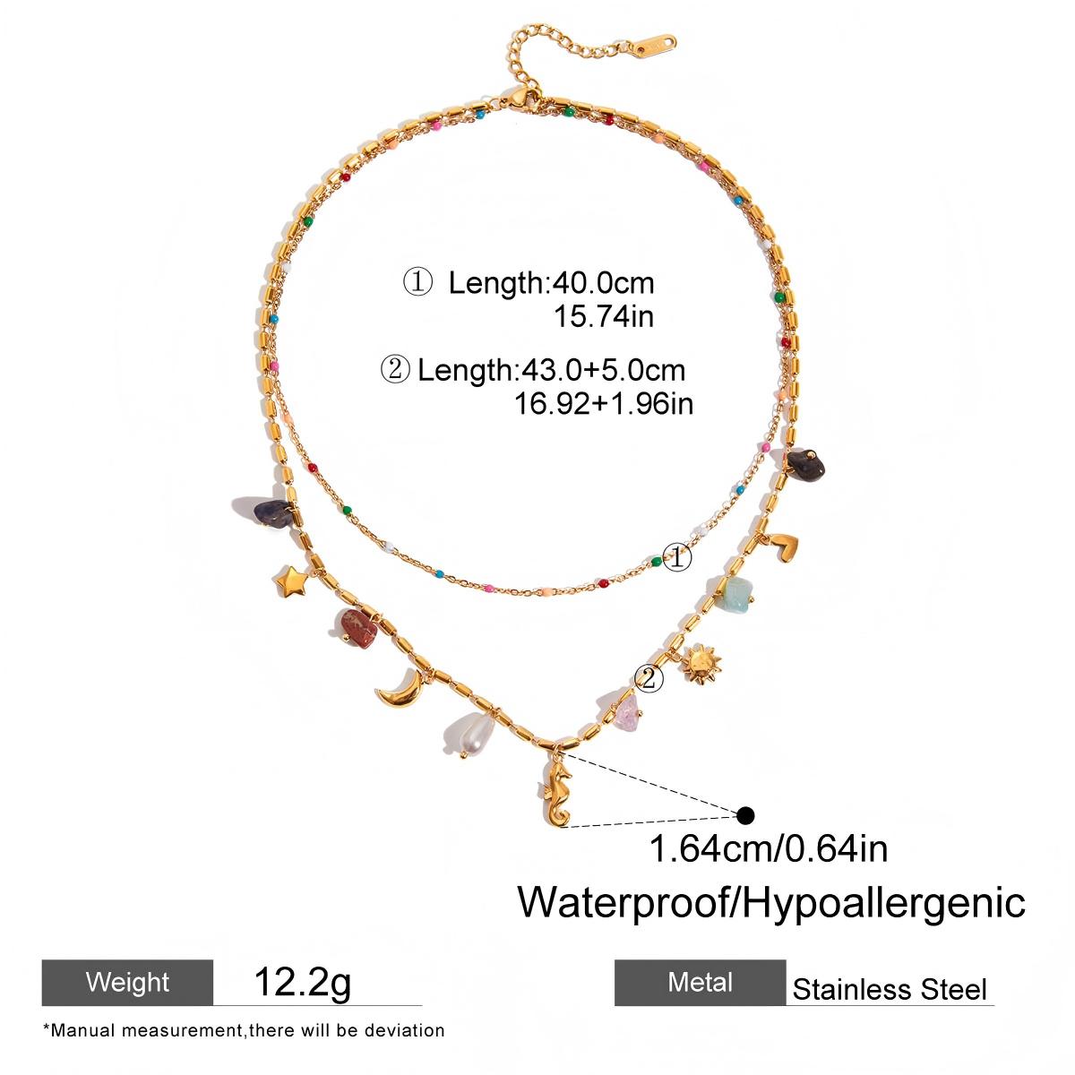 Boho Gemstone Layered Necklace with Hippo Pendant – Stainless Steel Double Layer Jewelry for Women