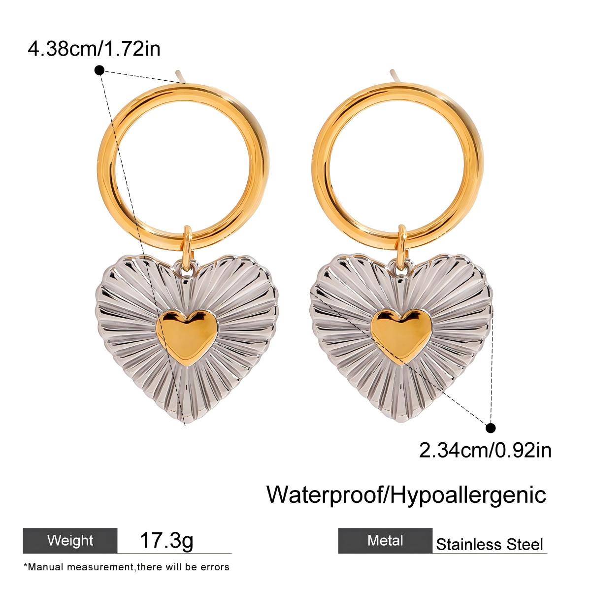 Two-Tone Ribbed Heart Earrings – 18K Gold Plated Stainless Steel Statement Earrings for Women