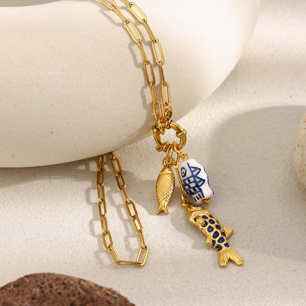 Unique Fish Pendant Paperclip Necklace – 18K Gold Plated Stainless Steel Spring Clasp Statement Jewelry for Women