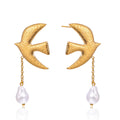 Dove & Faux Pearl Earrings – 18K Gold Plated Stainless Steel Hammered Statement Jewelry for Women