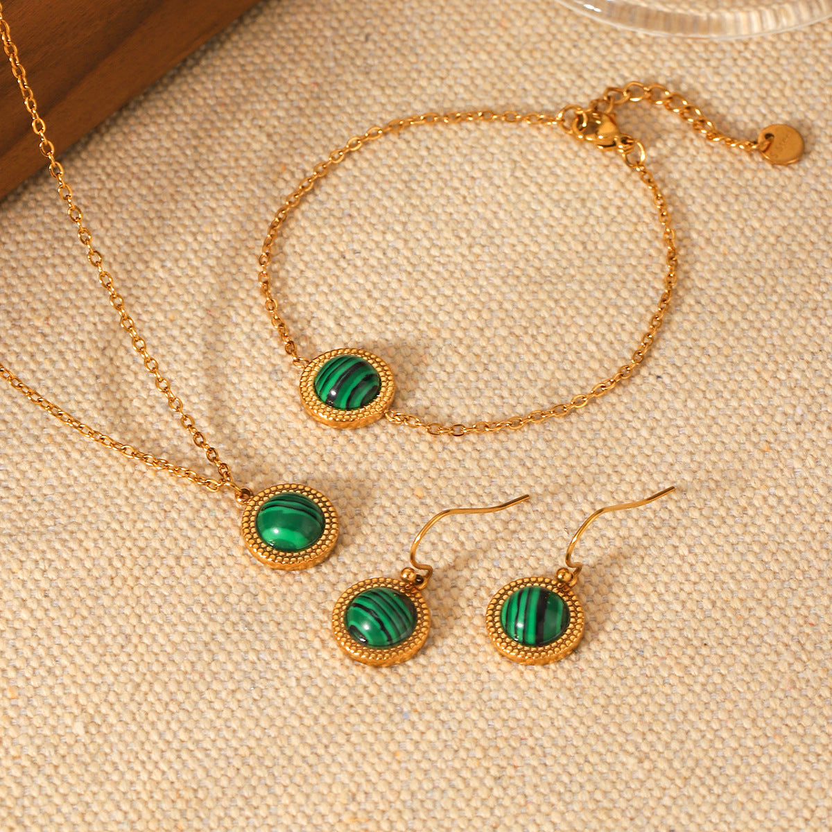 French Vintage Malachite Jewelry Set – 18K Gold Plated Stainless Steel Necklace, Bracelet & Earrings for Women