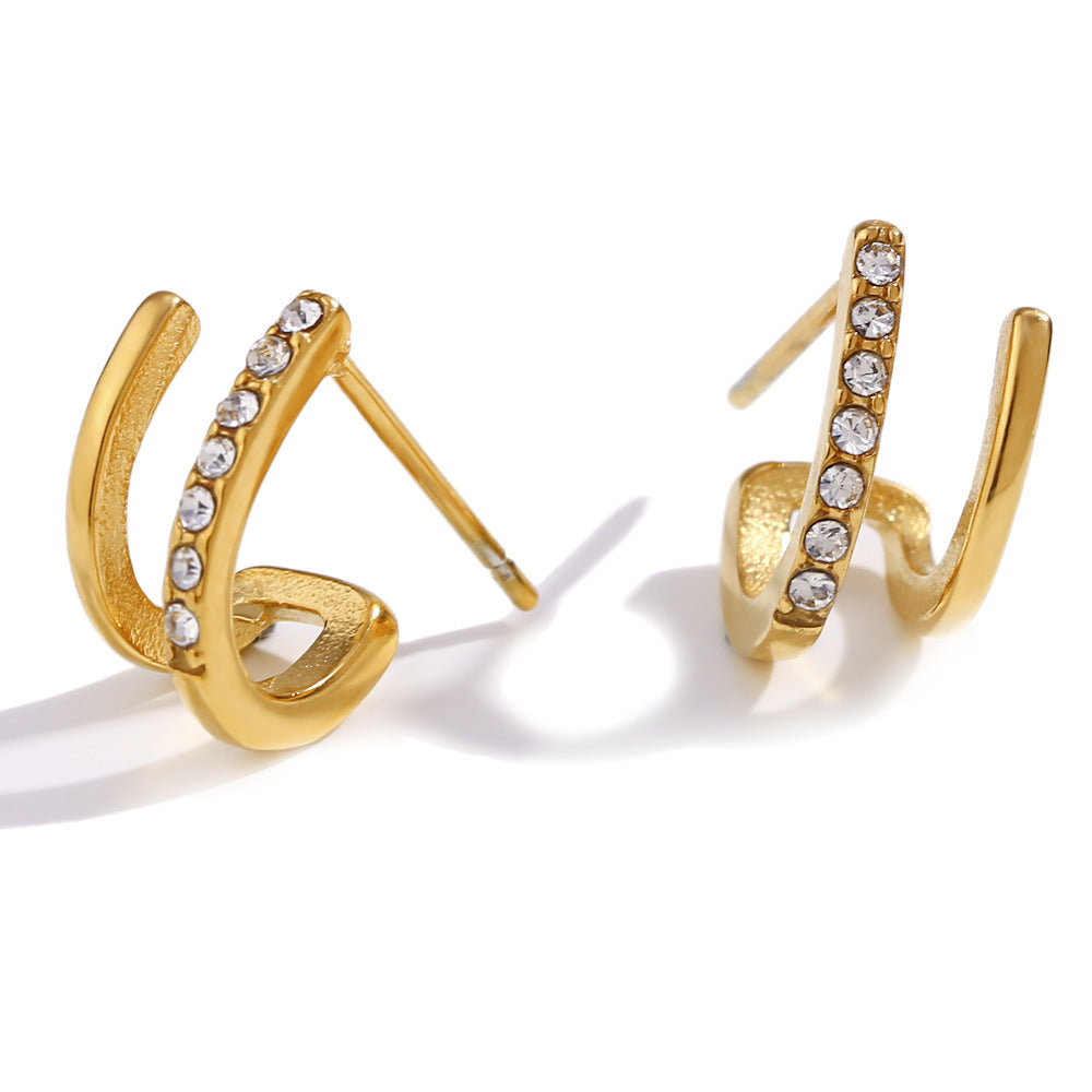 Double Layer Zircon Stud Earrings – 18K Gold Plated Stainless Steel Minimalist Luxury Jewelry for Women