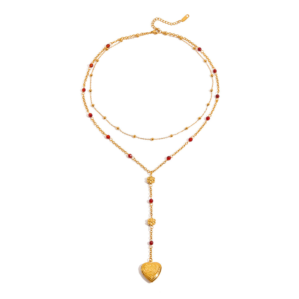 Heart Photo Locket Layered Necklace – Red Agate Double Chain Pendant Jewelry for Women