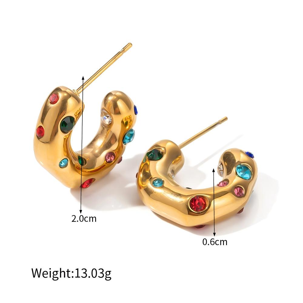 Hammered C Hoop Earrings with Colorful Zircon – Stainless Steel Statement Jewelry for Women