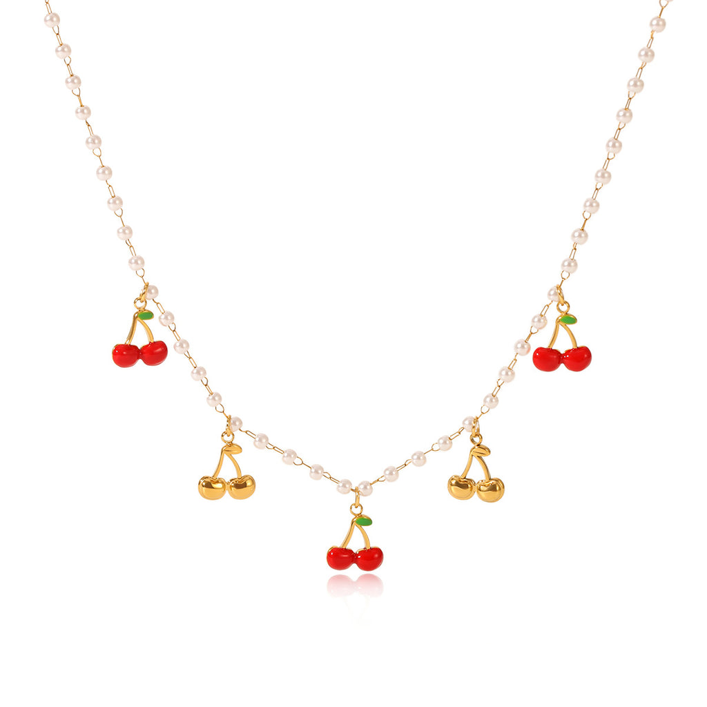 French-Style Cherry Pendant Necklace with Tassel – 18K Gold Plated Stainless Steel Pearl Chain Layering Jewelry for Women