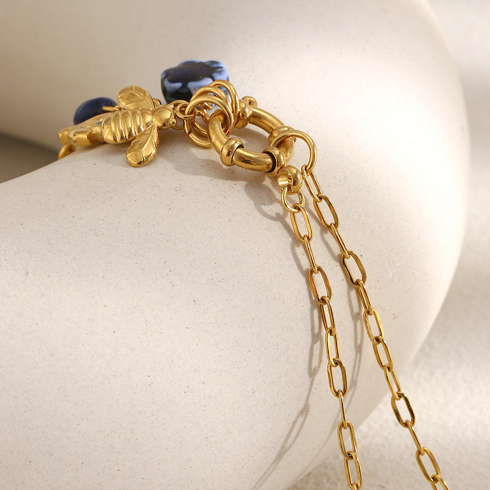 French Luxury Sun & Bee Necklace – 18K Gold Plated Stainless Steel Small Paperclip Chain Minimalist Jewelry for Women
