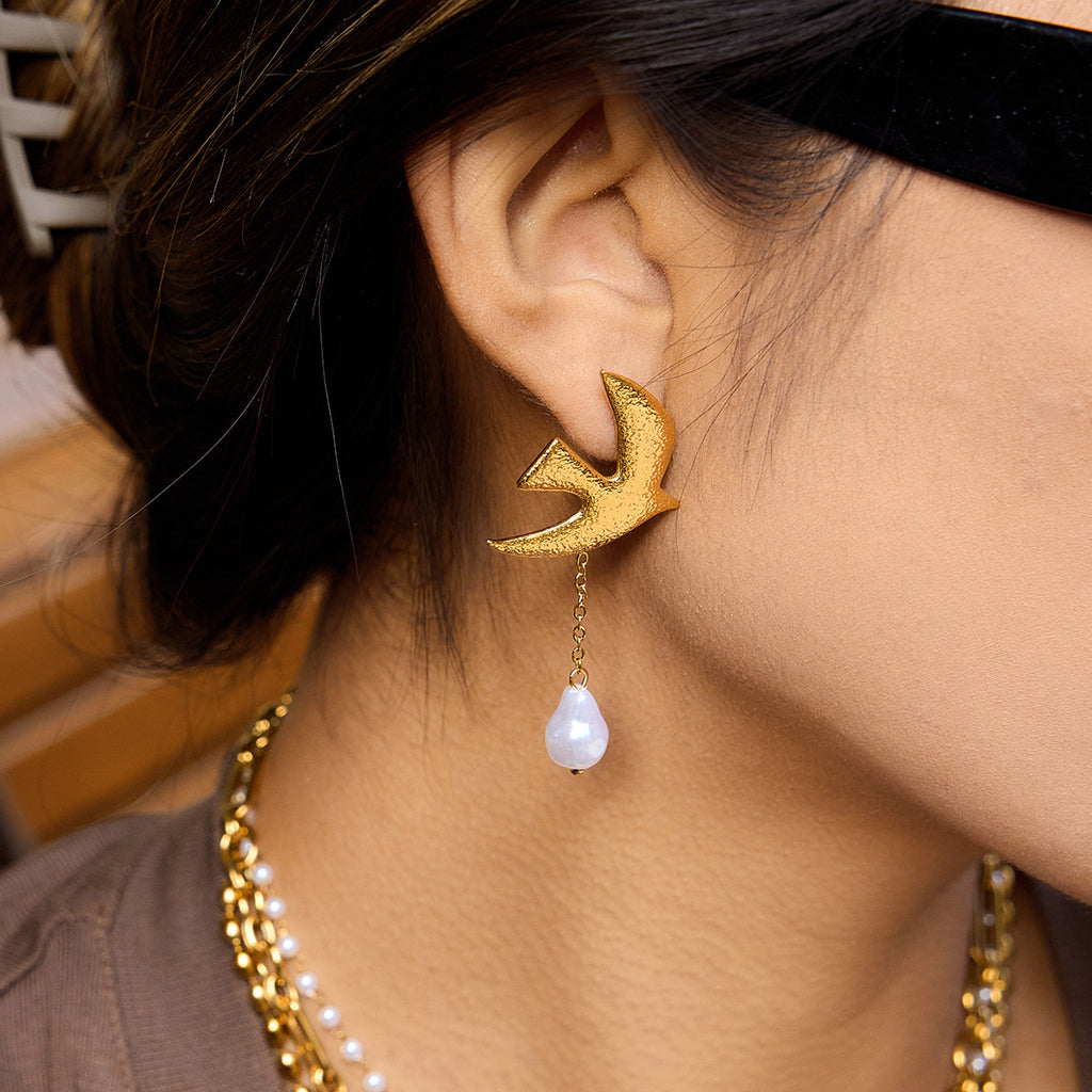 Dove & Faux Pearl Earrings – 18K Gold Plated Stainless Steel Hammered Statement Jewelry for Women