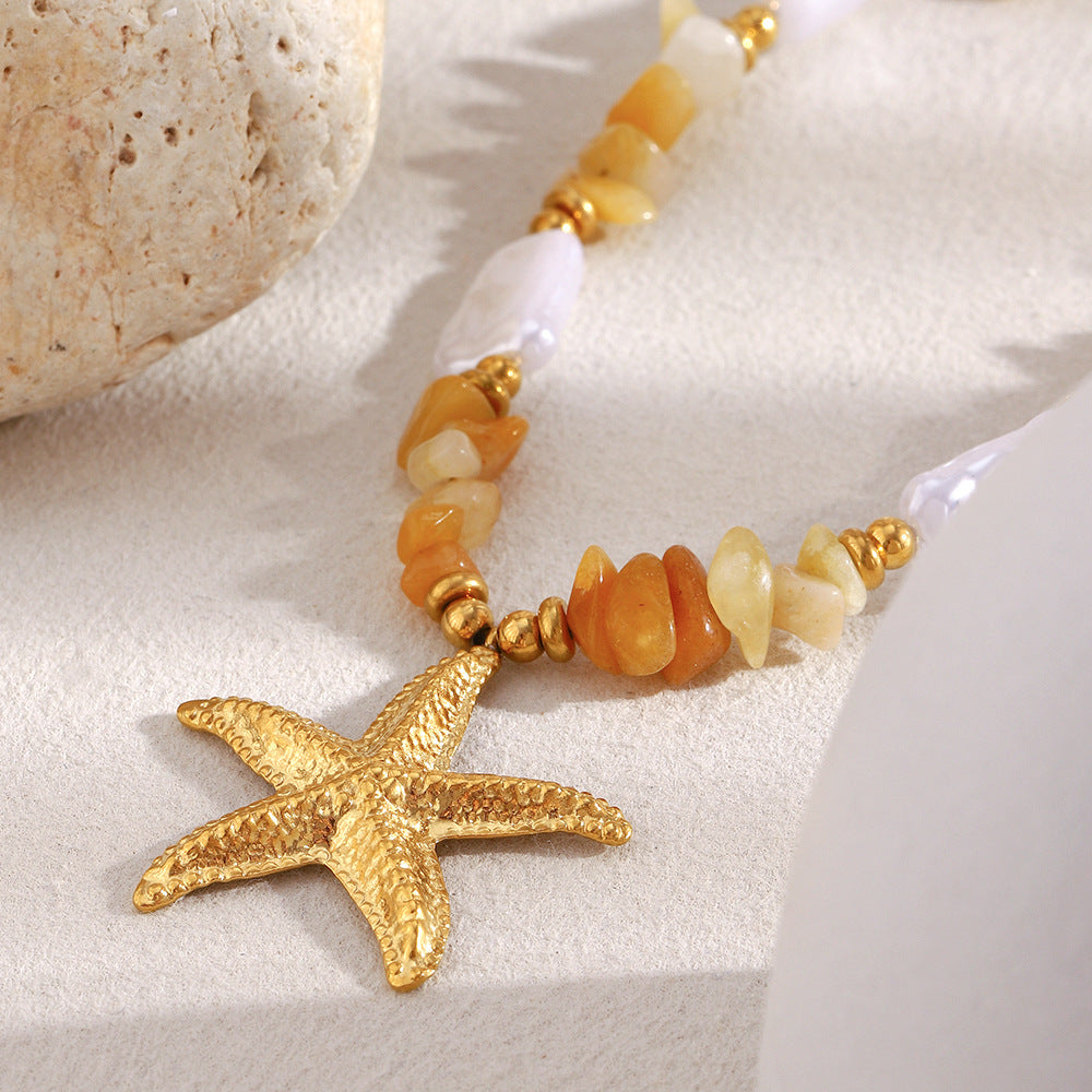 Orange Stone & Faux Pearl Starfish Necklace – 18K Gold Plated Stainless Steel Boutique Beach Jewelry for Women