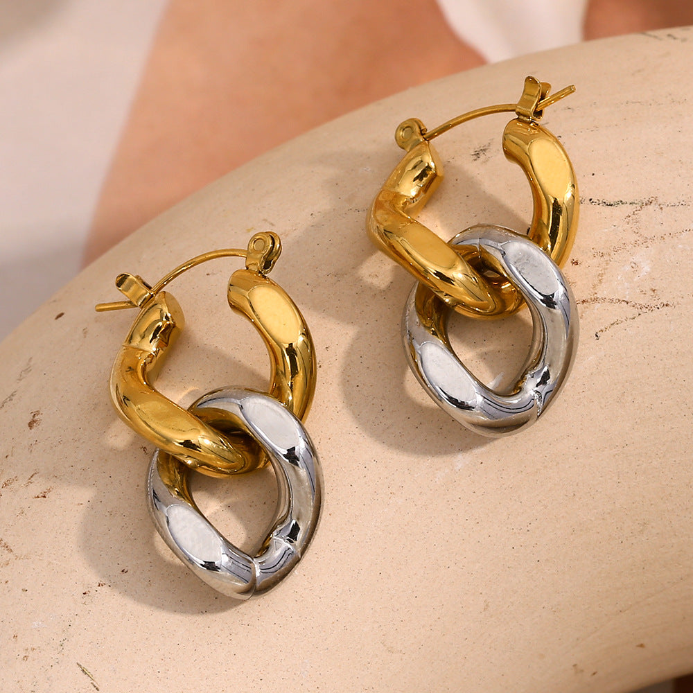 Two-Tone Chain Stud Earrings – 18K Gold Plated Stainless Steel Minimalist Jewelry for Women