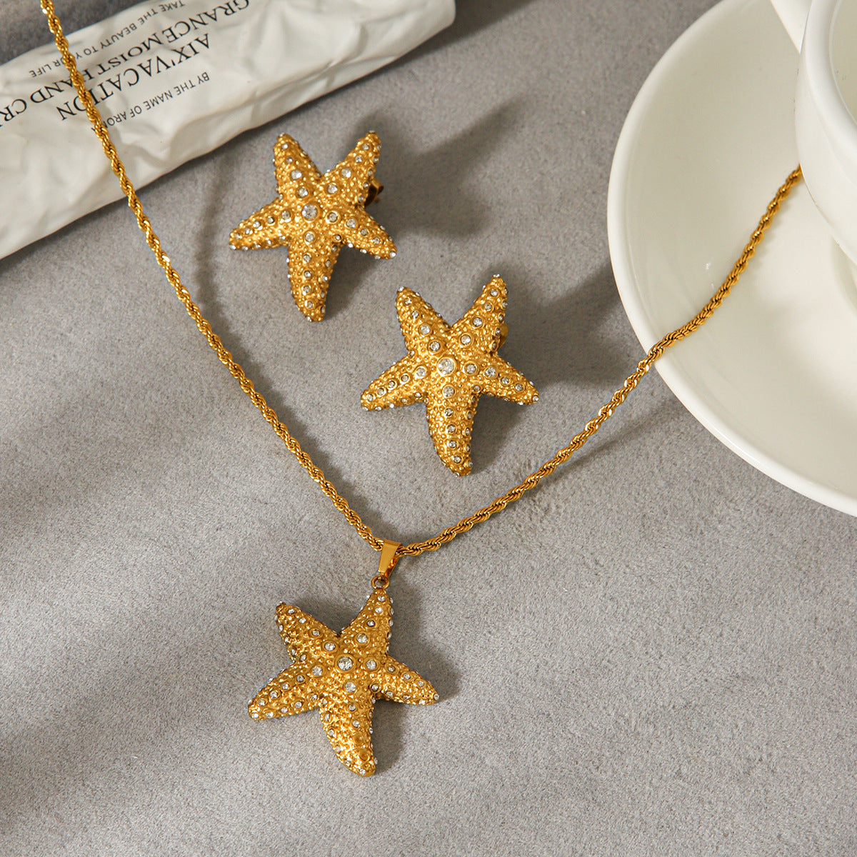 CZ Star Necklace & Stud Earrings Set – 18K Gold Plated Stainless Steel Minimalist Jewelry for Women