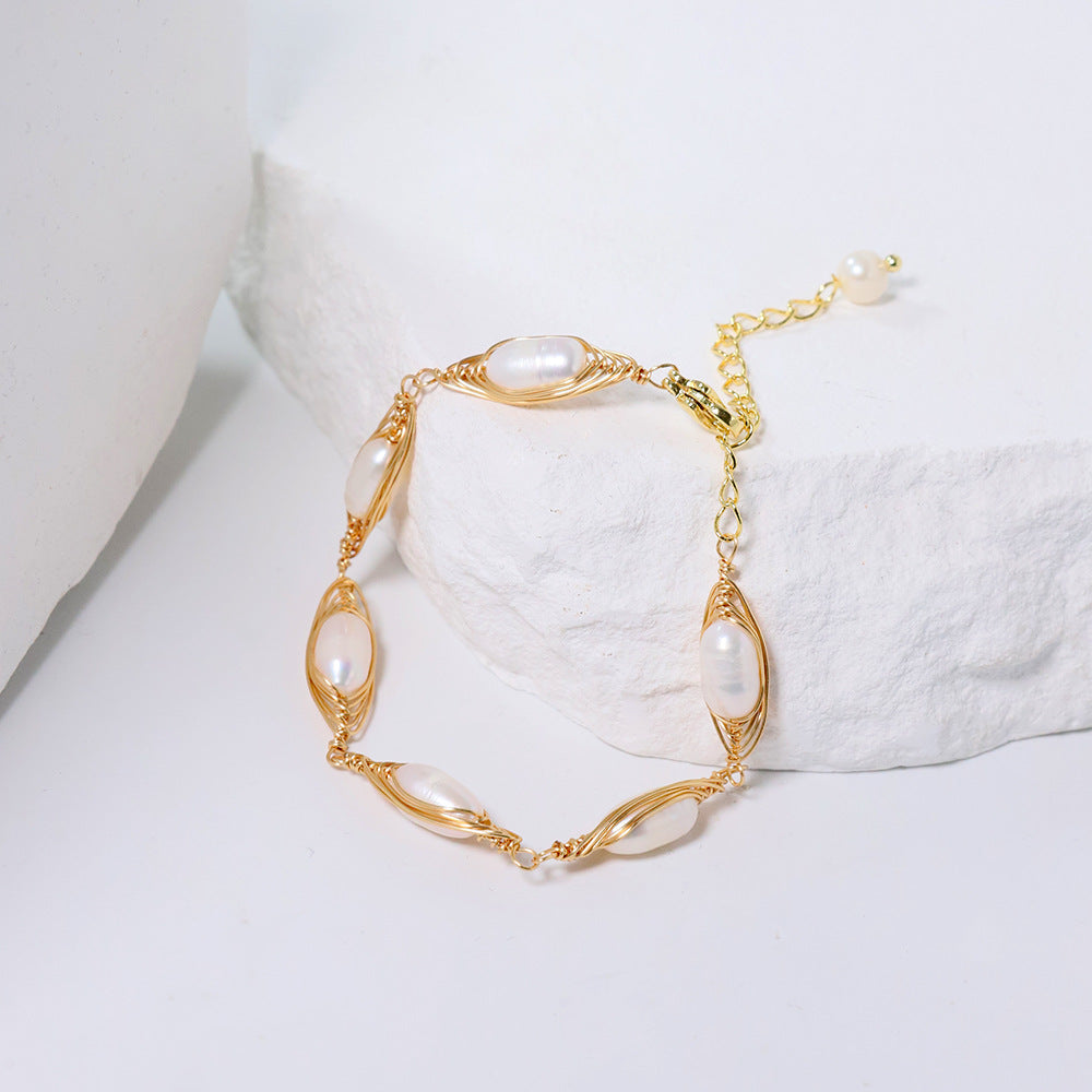 Freshwater Pearl Wire-Wrapped Bracelet – Flower-Inspired Vintage Luxe Statement Jewelry for Women
