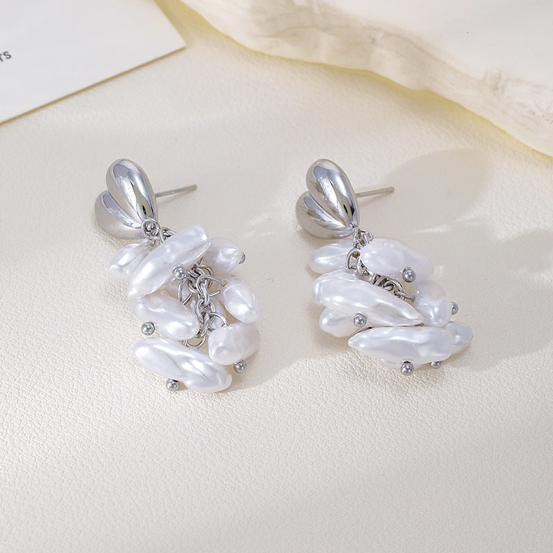 Baroque Pearl Tassel Earrings – Elegant French Style Stainless Steel Drop Earrings for Women