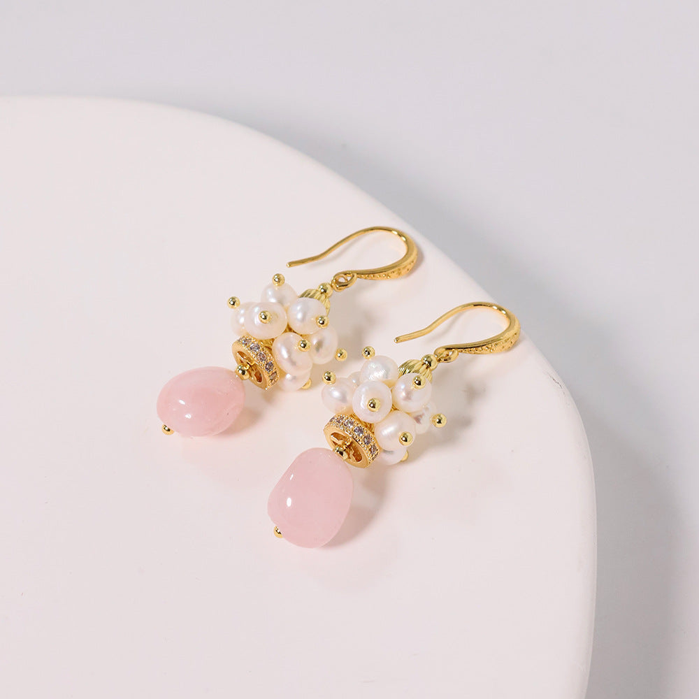 Baroque Rose Quartz & Pomegranate Freshwater Pearl Earrings – Vintage Luxe Statement Jewelry for Women