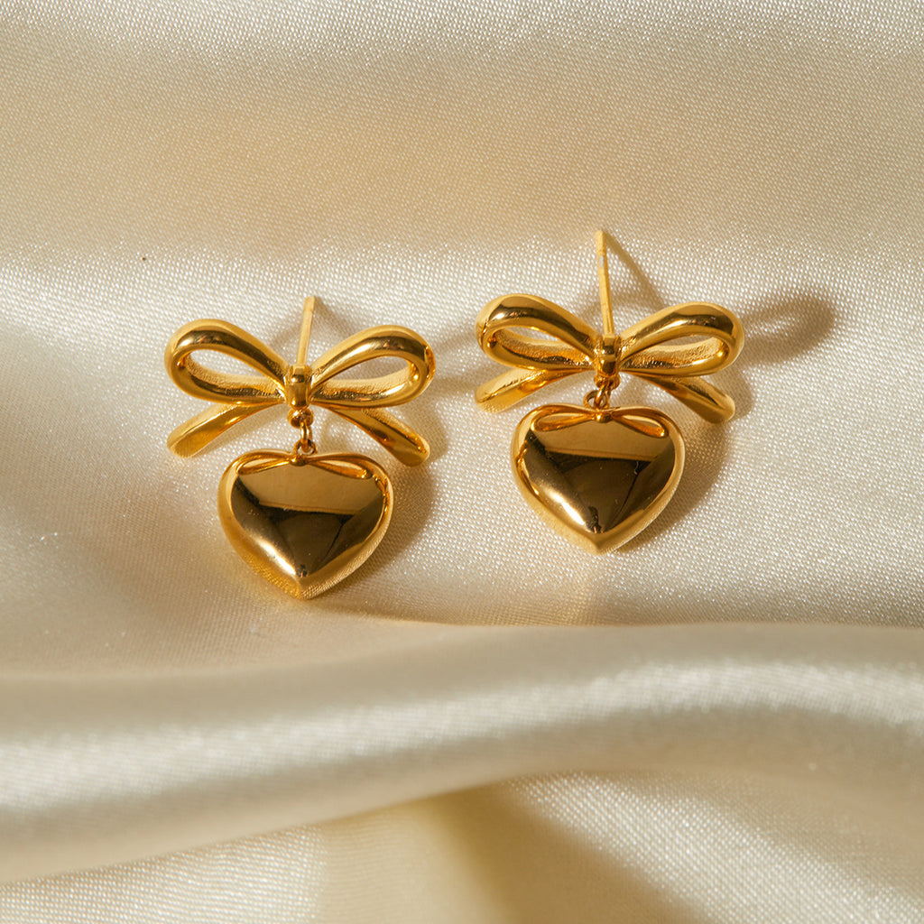 Bow & Heart Drop Earrings – 18K Gold Plated Stainless Steel Cute Statement Jewelry for Women