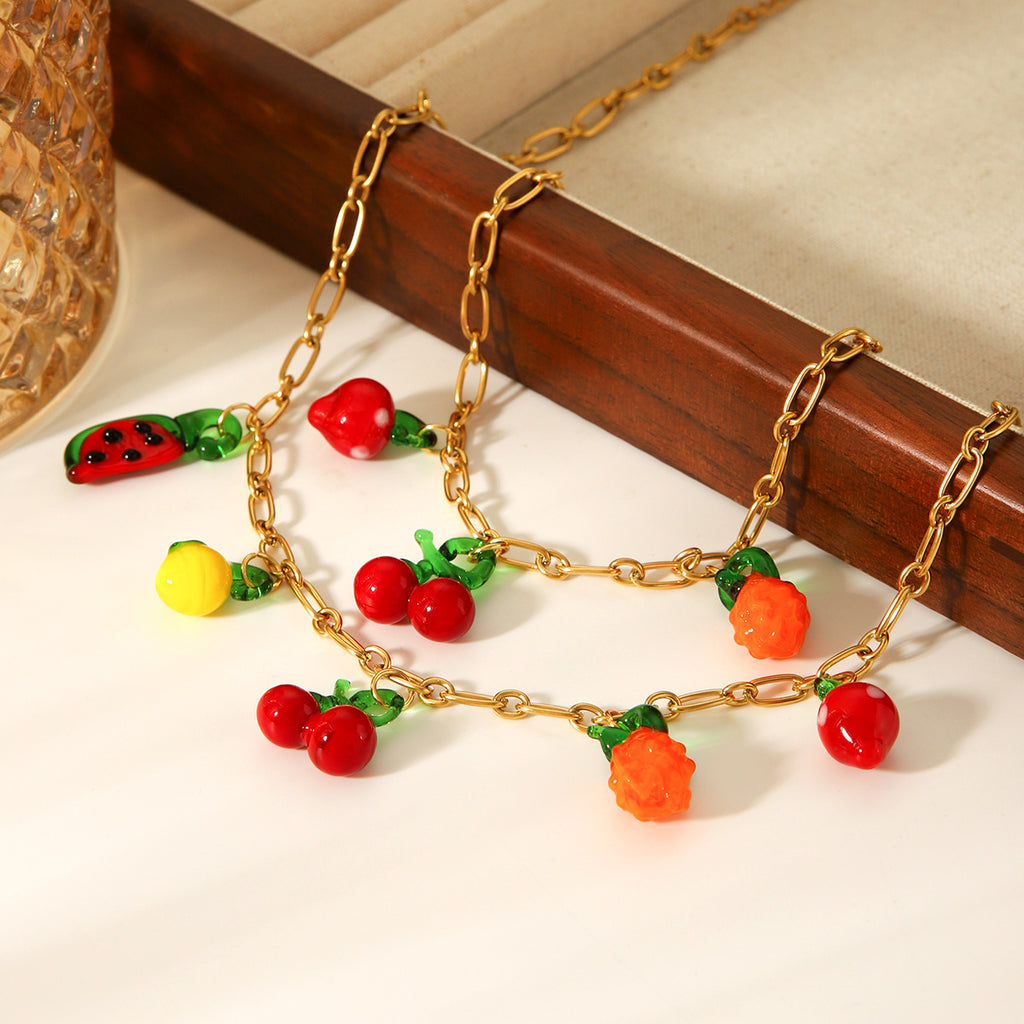 Fruit Charm Necklace & Bracelet Set – Cherry, Strawberry & Watermelon 18K Gold Plated Stainless Steel Cute Summer Jewelry