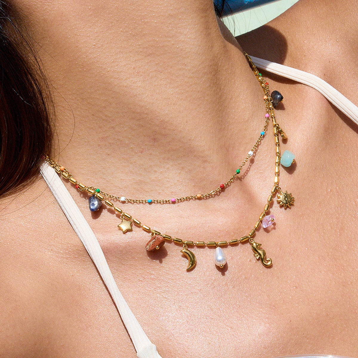 Boho Gemstone Layered Necklace with Hippo Pendant – Stainless Steel Double Layer Jewelry for Women