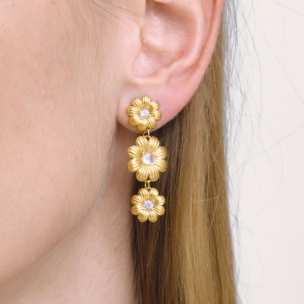 White Zircon Daisy Stud Earrings – 18K Gold Plated Stainless Steel Statement Floral Jewelry for Women