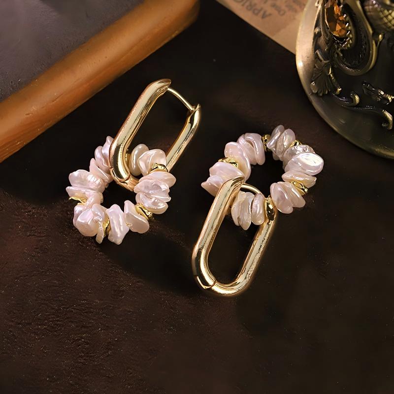 Baroque Pearl & Metal Bead Stud Earrings – 18K Gold Plated Minimalist Luxury Statement Jewelry for Women