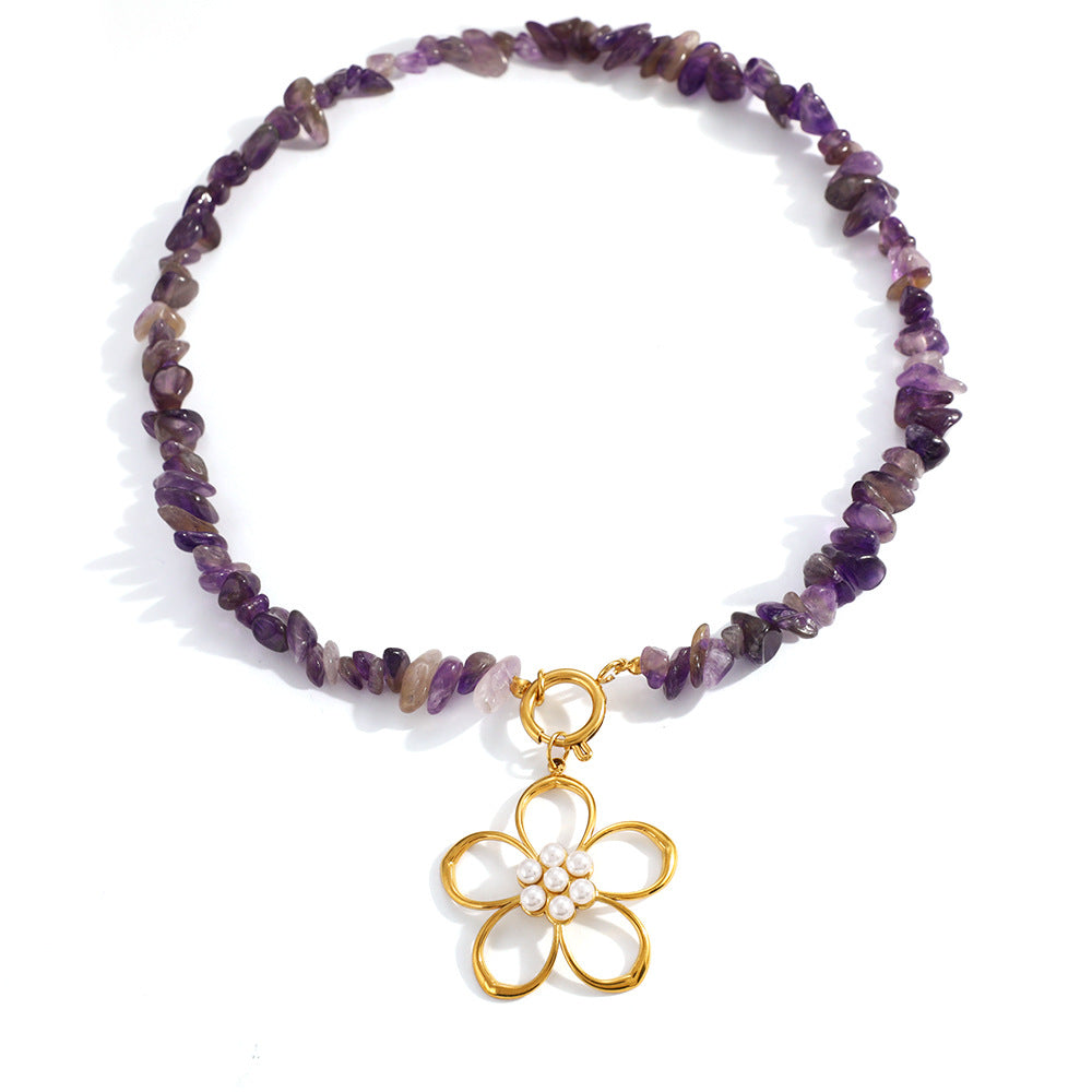 Vintage Beaded Flower Necklace – Natural Stone 18K Gold Plated Stainless Steel Boho Jewelry for Women