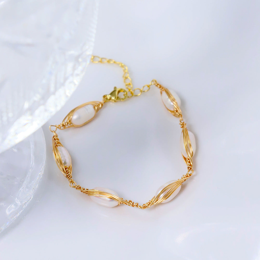 Freshwater Pearl Wire-Wrapped Bracelet – Flower-Inspired Vintage Luxe Statement Jewelry for Women