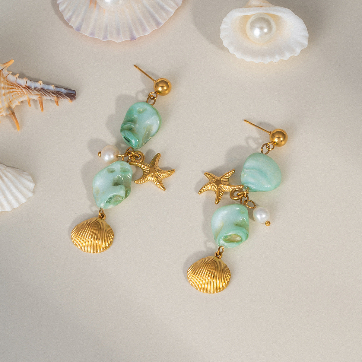 Beach-Inspired Starfish & Shell Earrings – Stainless Steel 18K Gold Plated Gemstone Drop Earrings for Women