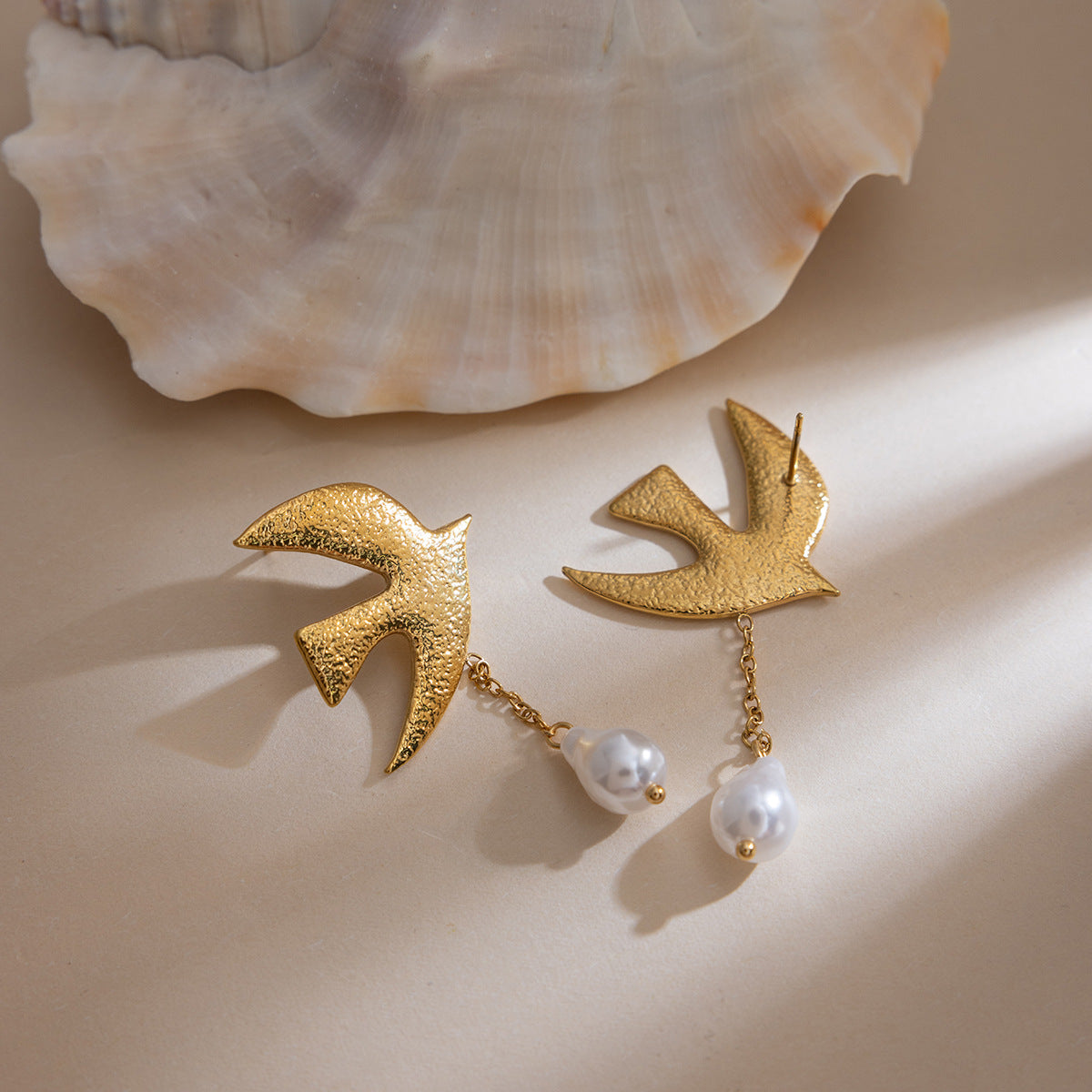 Dove & Faux Pearl Earrings – 18K Gold Plated Stainless Steel Hammered Statement Jewelry for Women