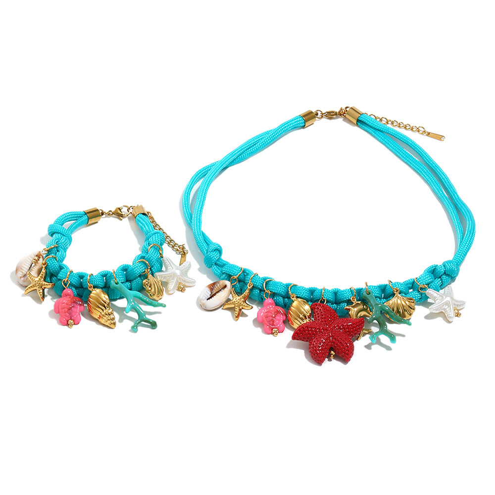 Minimalist Ocean Necklace & Bracelet Set – 18K Gold Plated Stainless Steel Blue Cord Layered Jewelry for Women