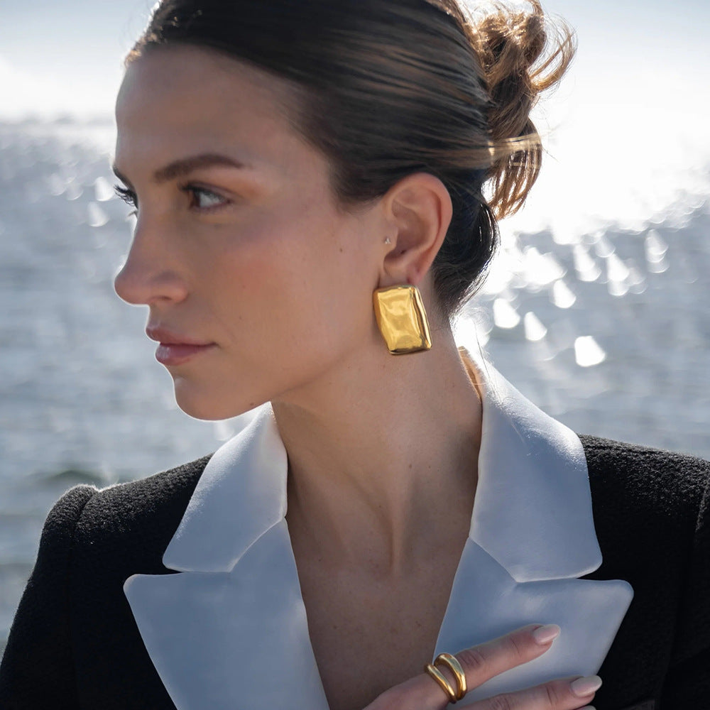 Geometric Gold Square Earrings – Bold 18K Gold Plated Stainless Steel Statement Jewelry for Women