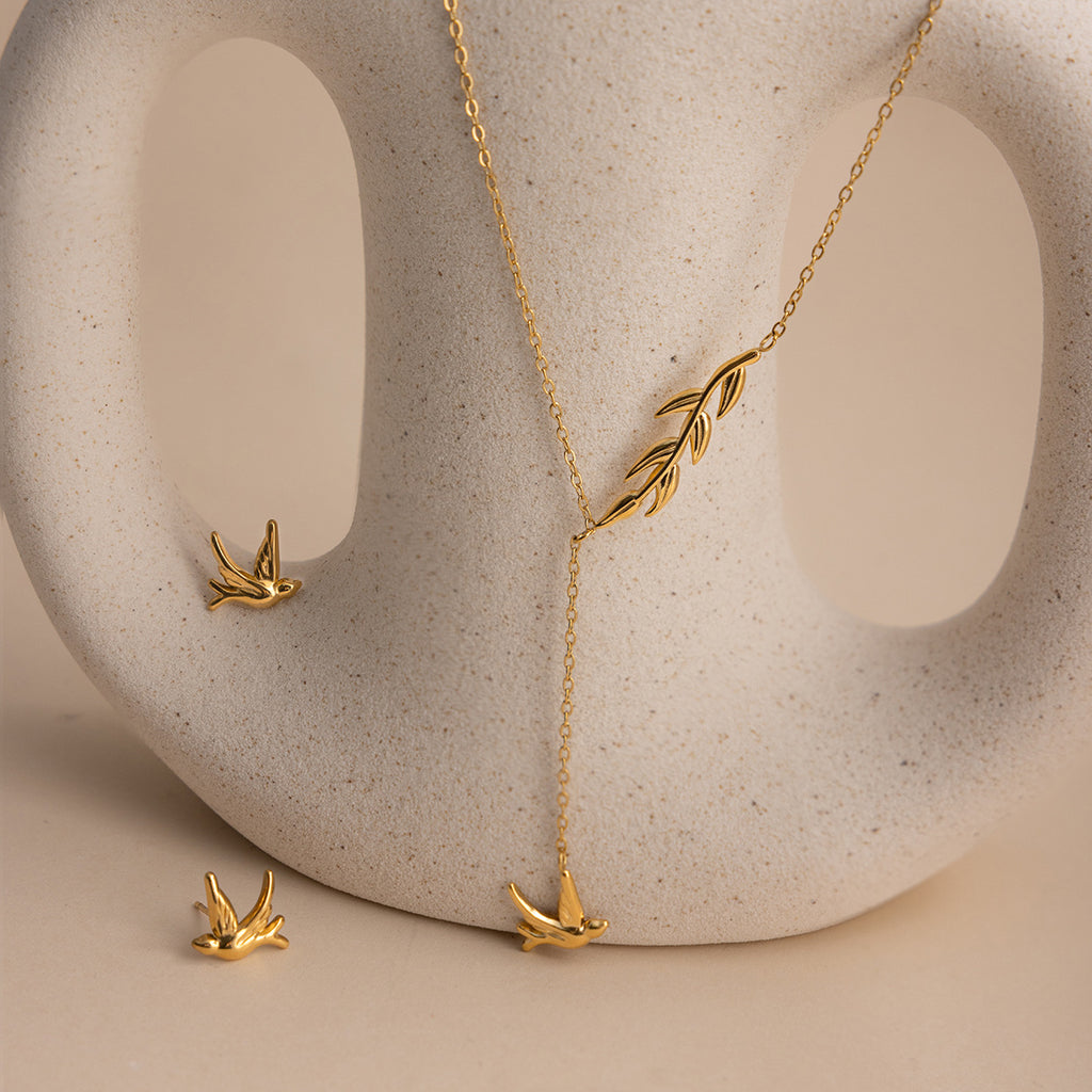 18K Gold Plated Stainless Steel Dove Earrings & Necklace Set – Fashion Jewelry for Women