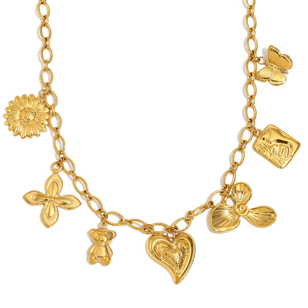 French-Inspired Heart & Round Pendant Necklace – 18K Gold Plated Stainless Steel Boutique Jewelry for Women
