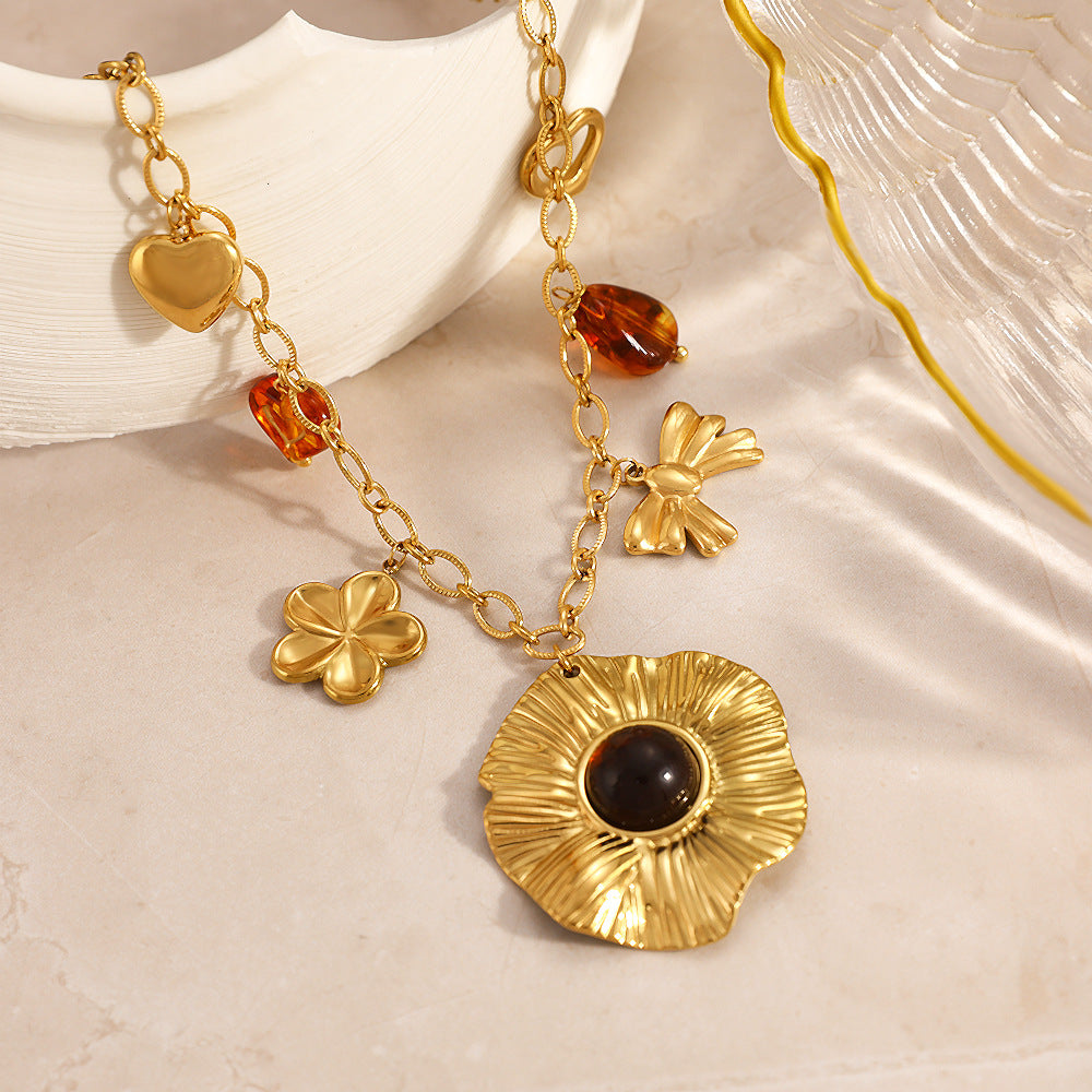 Flower Heart & Bow Necklace – 18K Gold Plated Stainless Steel Waterproof Statement Jewelry for Women