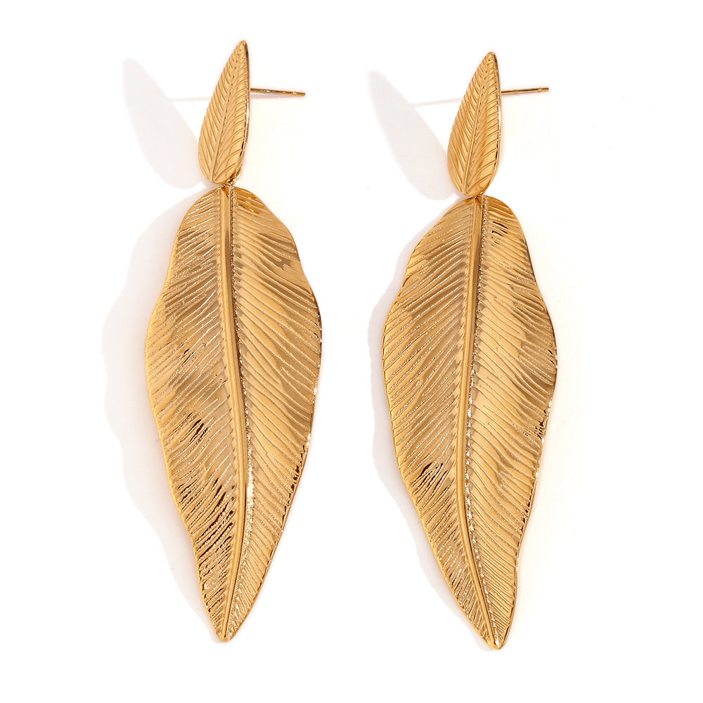 Feather & Leaf Statement Earrings – 18K Gold Plated Stainless Steel Nature-Inspired Jewelry for Women