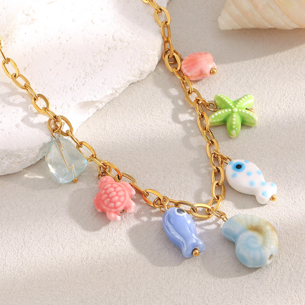 Handmade Ocean Fish Necklace – Colorful Ceramic Beads, 18K Gold Plated Stainless Steel Boutique Jewelry for Women
