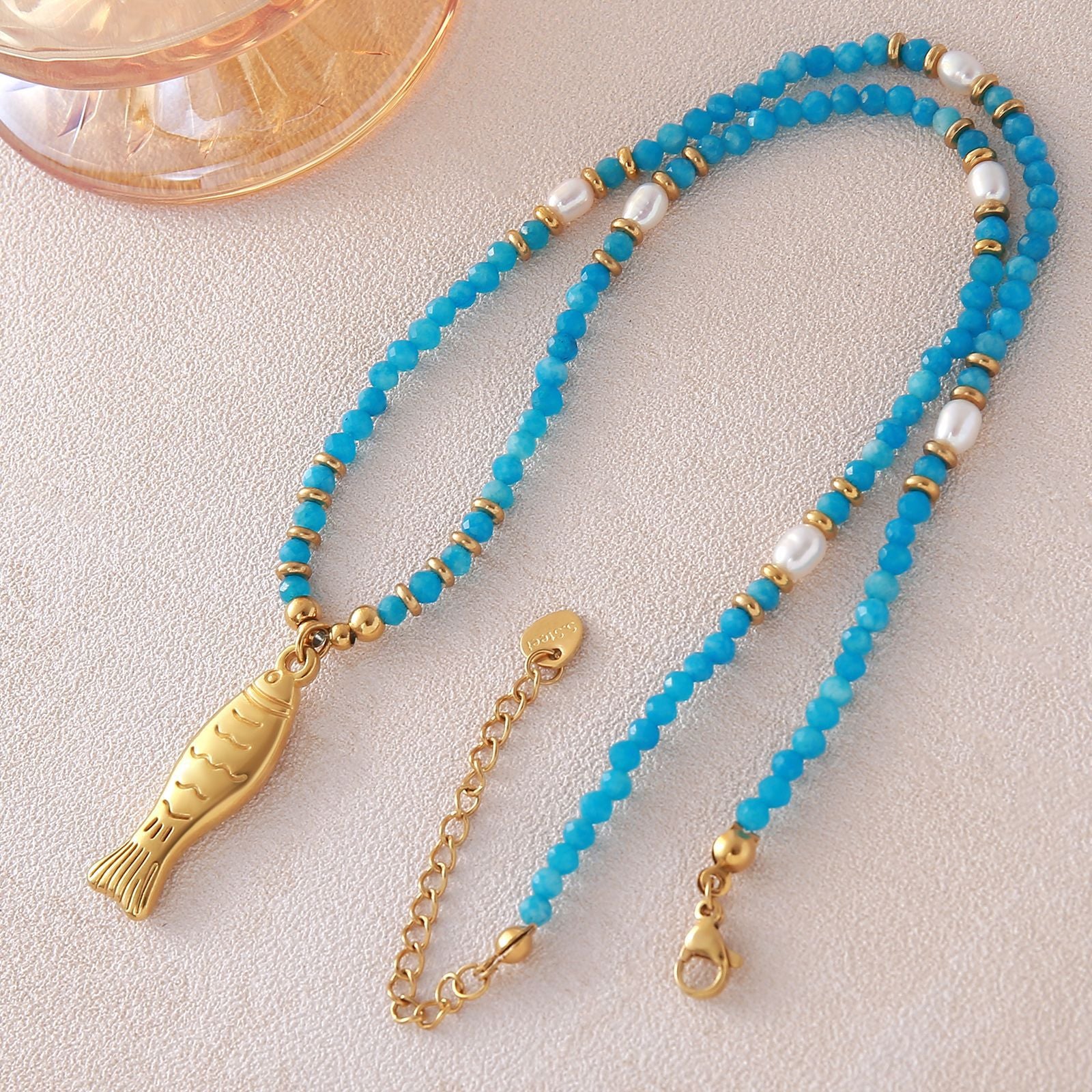 Ocean Fish Charm Necklace – Gold Plated Stainless Steel Natural Stone Beach Jewelry for Women