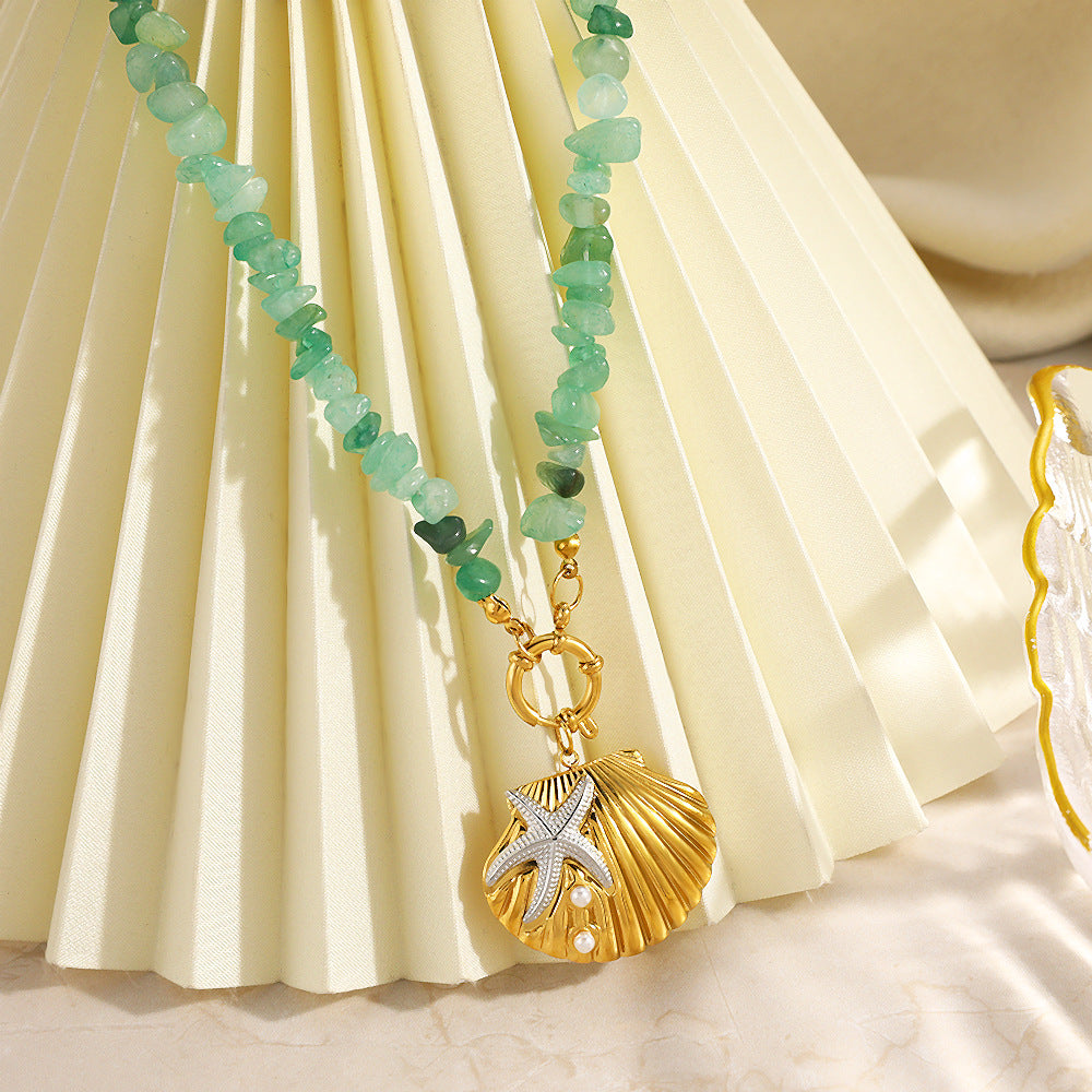 Ocean Natural Stone Beaded Necklace – 18K Gold Plated Stainless Steel Beach Style Jewelry for Women