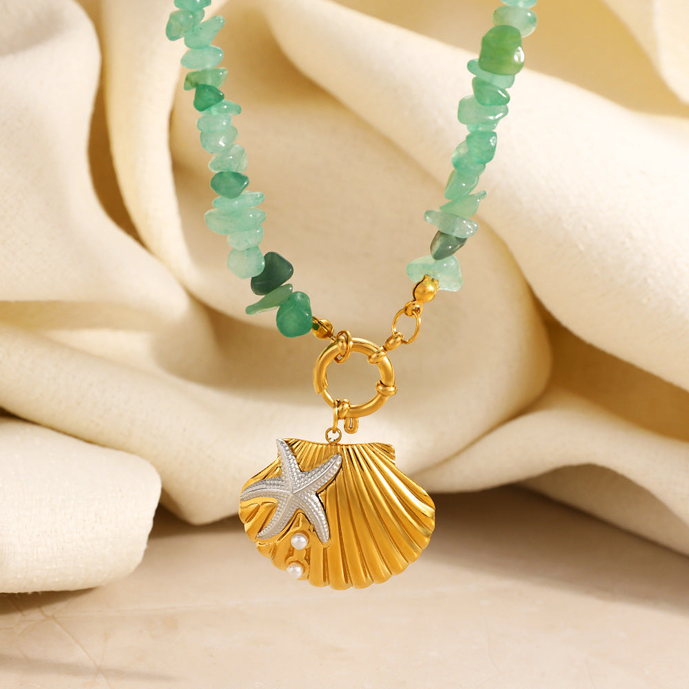Ocean Natural Stone Beaded Necklace – 18K Gold Plated Stainless Steel Beach Style Jewelry for Women