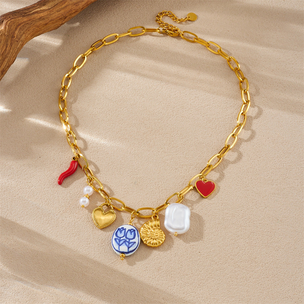 Gold Plated Multi-Charm Necklace – Heart, Shell & Chili Pendant Colorful Statement Jewelry for Women