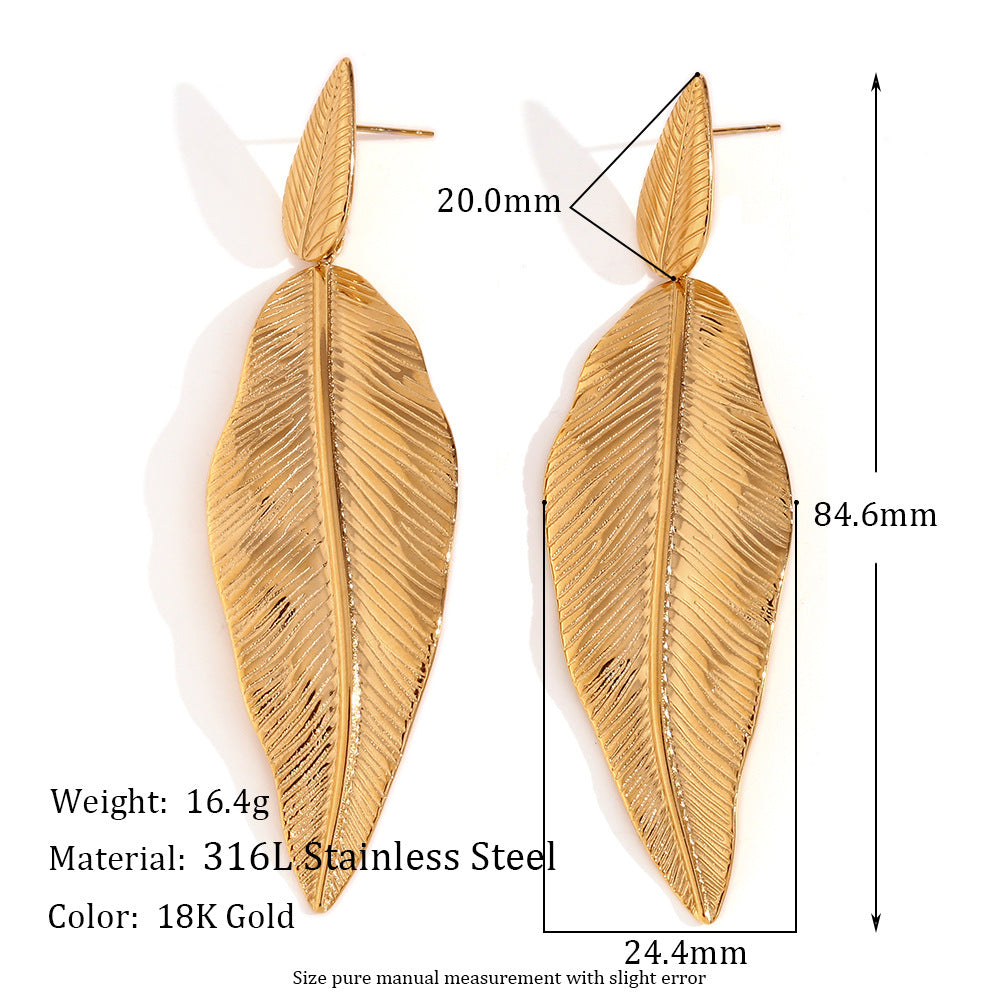 Feather & Leaf Statement Earrings – 18K Gold Plated Stainless Steel Nature-Inspired Jewelry for Women