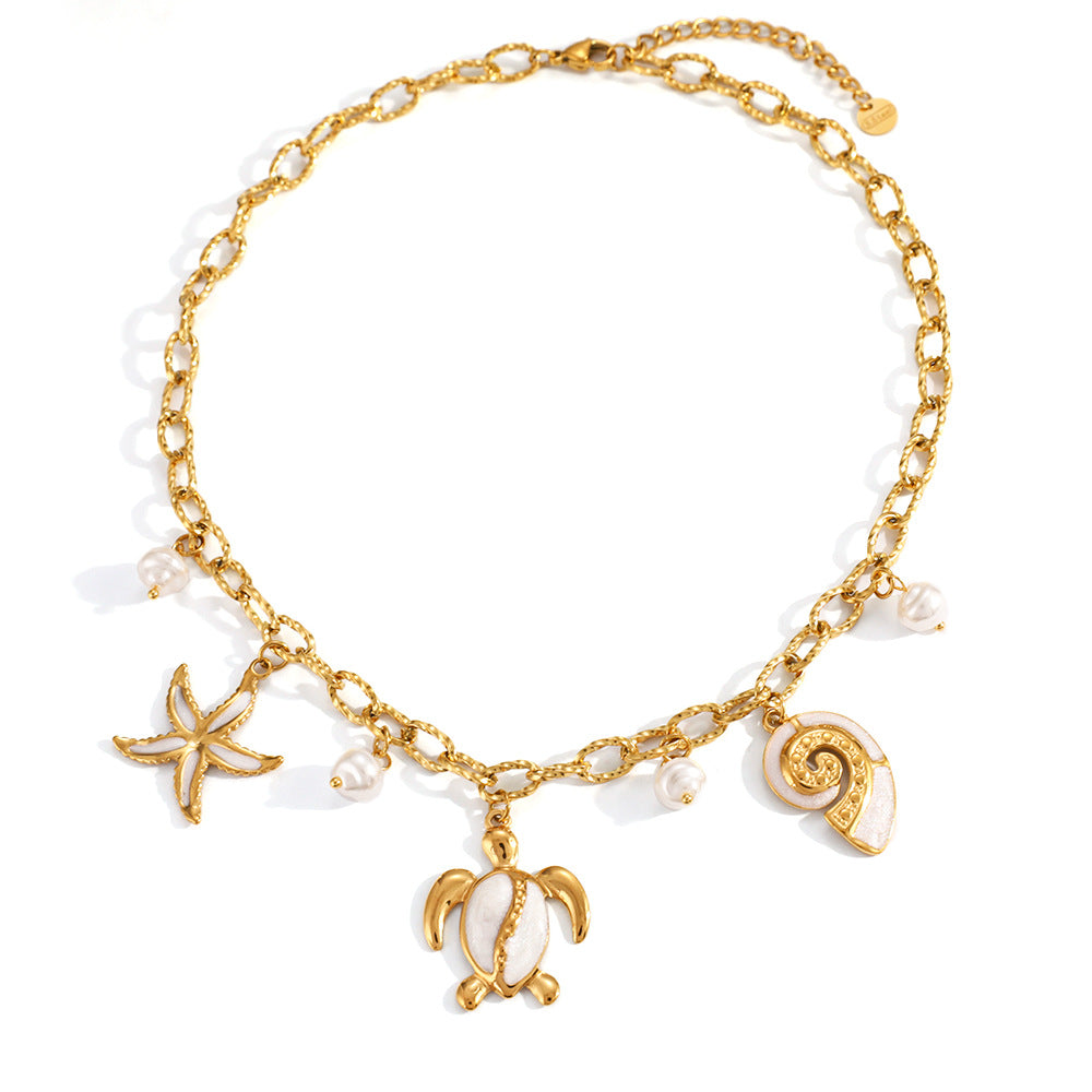 Ocean Starfish, Turtle & Shell Necklace – 18K Gold Plated Stainless Steel Beach Jewelry for Women