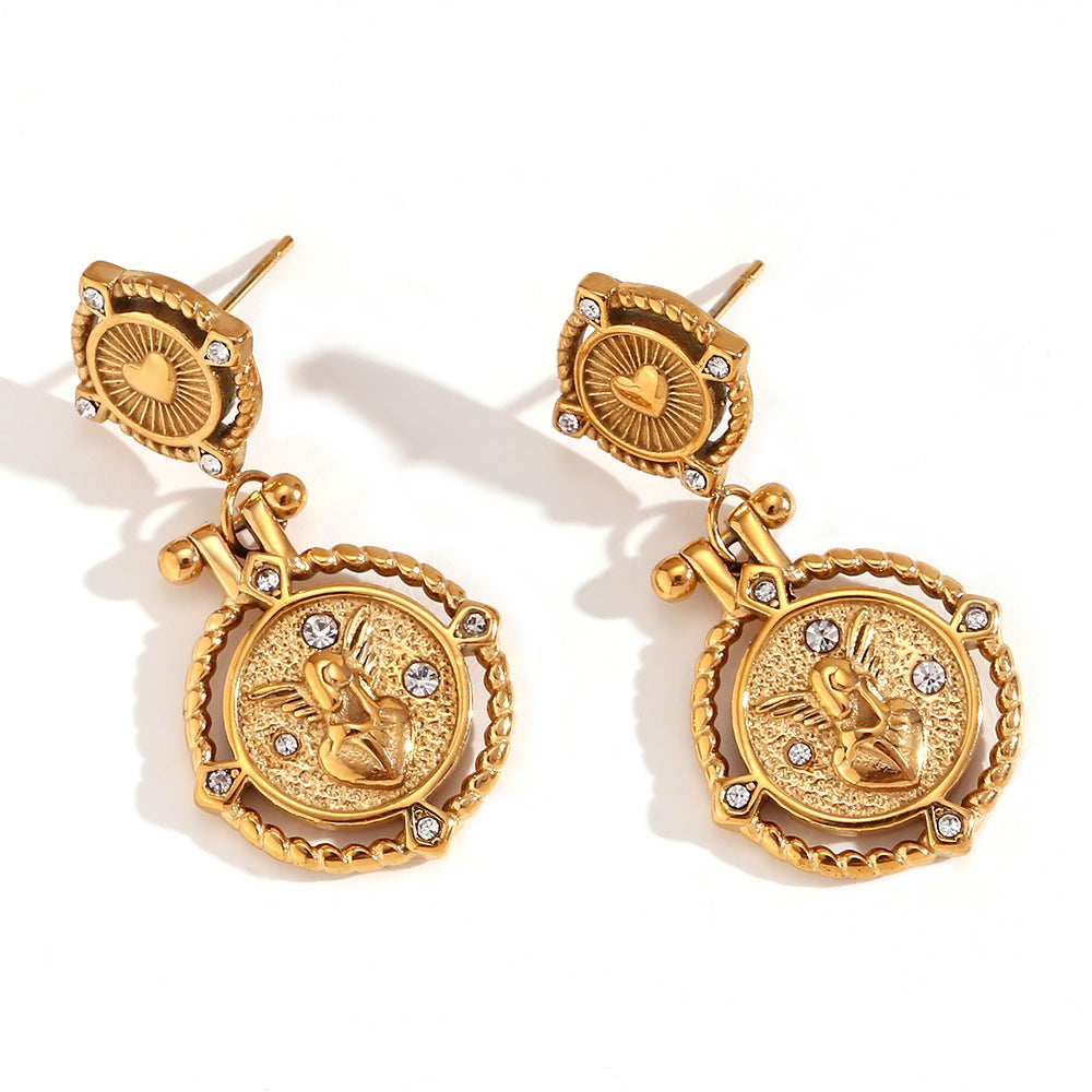 French-Inspired Heart & Angel Coin Earrings – 18K Gold Plated Stainless Steel Vintage Rhinestone Jewelry for Women